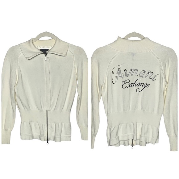 Armani Exchange White Monogram Zip/Button Combo Cardigan - Picture 3 of 14